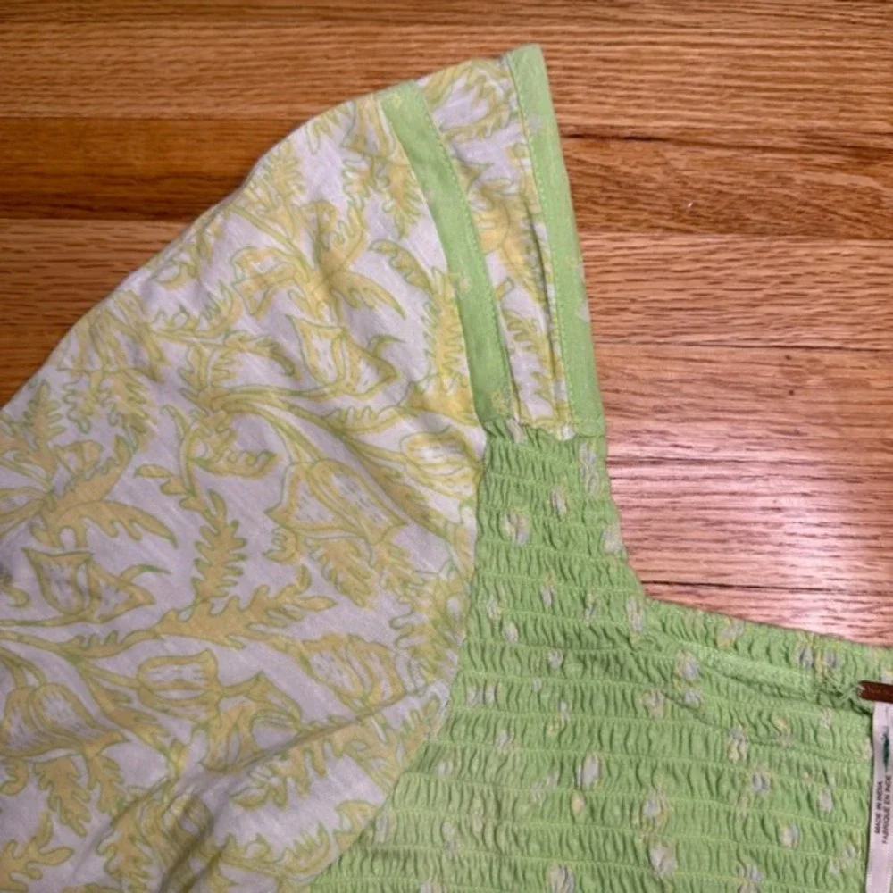 Free People XL Green Smocked Crop Top Puff Sleeve Boho‎ Festival